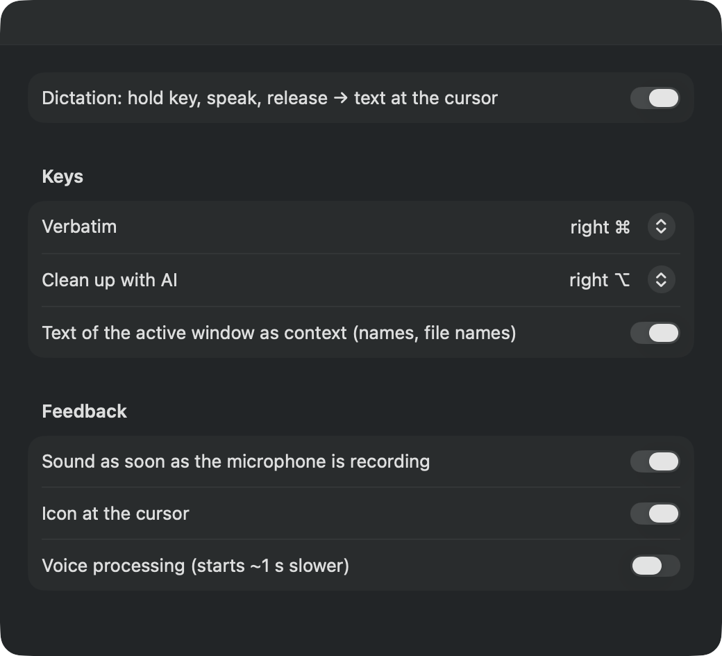 Dictation settings: keys for verbatim dictation (right Command key) and AI cleanup (right Option key), text of the active window as context, feedback via sound and icon.