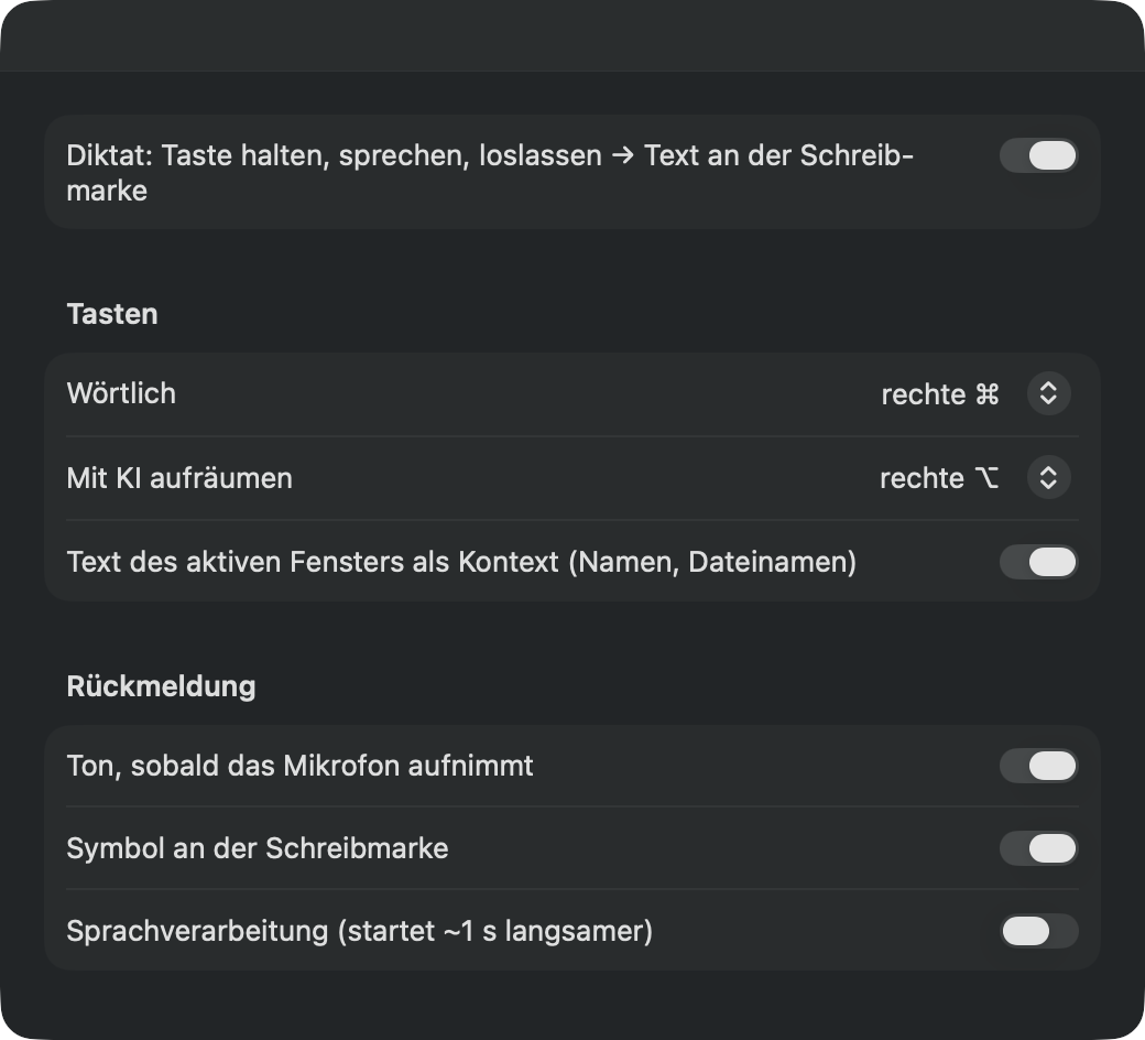 Einstellungen für das Diktat: Tasten für wörtliches Diktat (rechte Befehlstaste) und KI-Aufräumen (rechte Wahltaste), Text des aktiven Fensters als Kontext, Rückmeldung per Ton und Symbol.